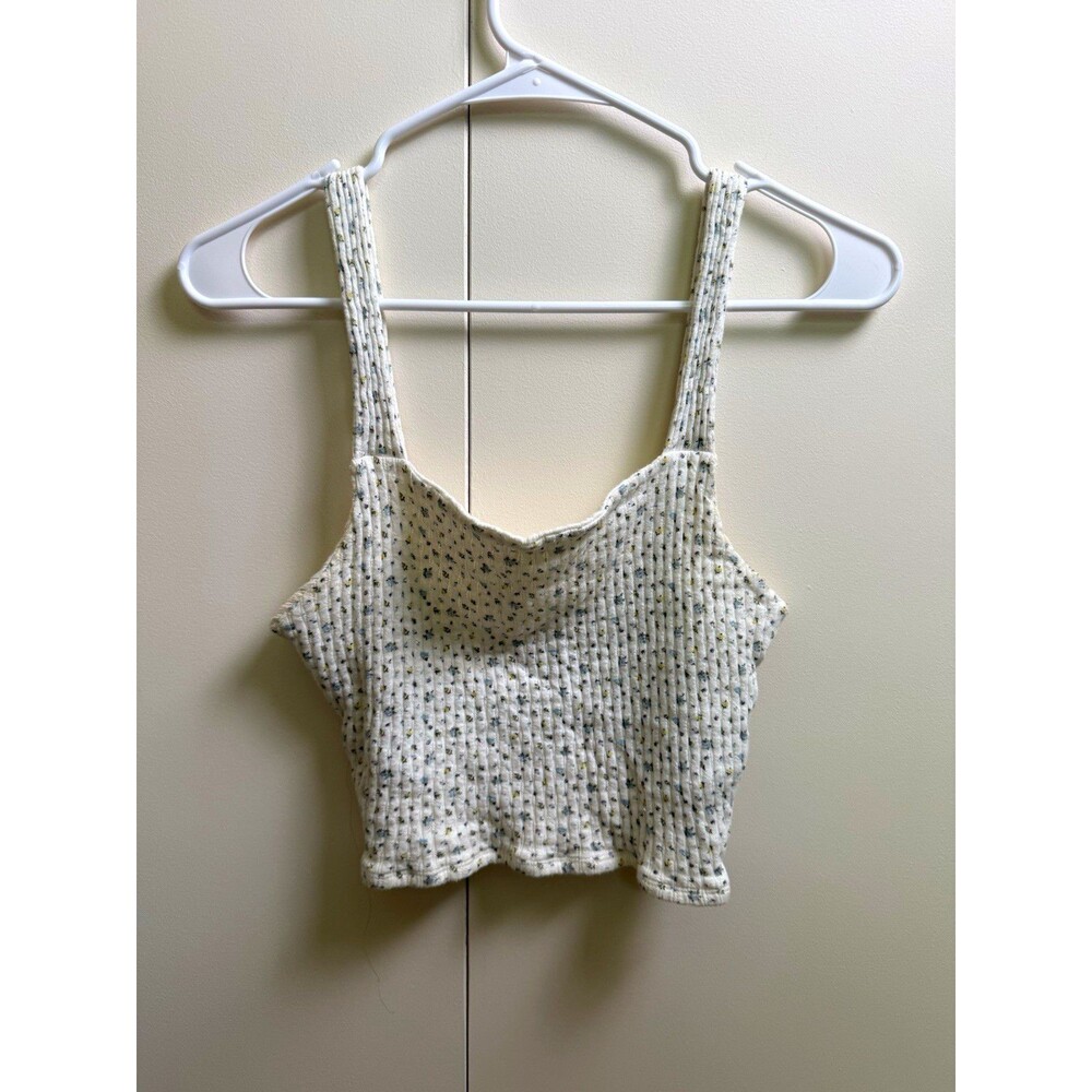 American Eagle Ribbed Knit Floral Cropped Camisole Tank Top White Small